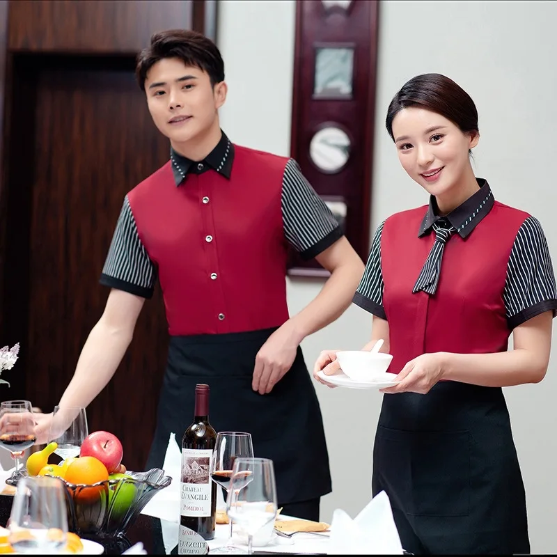 

Waitress Work Clothes Women Short-sleeved Summer Chinese Dining Restaurant Shirt Uniform Hot Pot Shop Male Waiter Overalls H2234