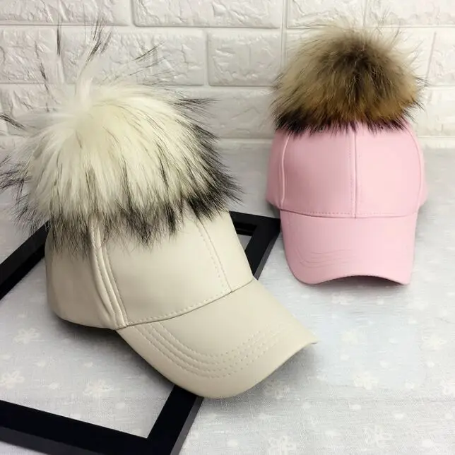 Autumn WInter 15cm Real Fur Pom poms Baseball Caps Artificial Leather Solid Snapbacks Hats Caps Casquette Gorros