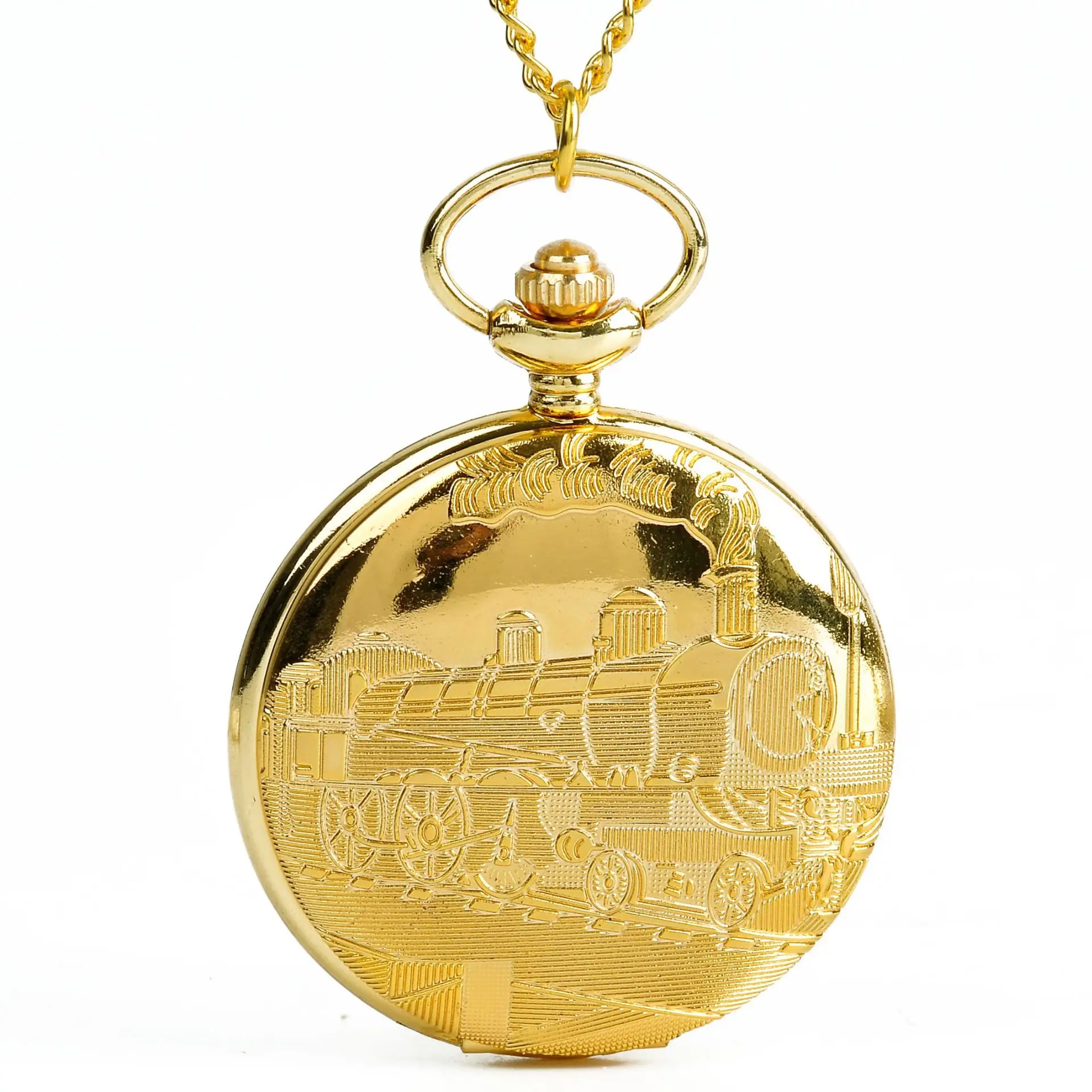 Running Steam Train Pocket Watch Chain golden Metal Dress Casual Men Women Fob Watch Antique Fashion