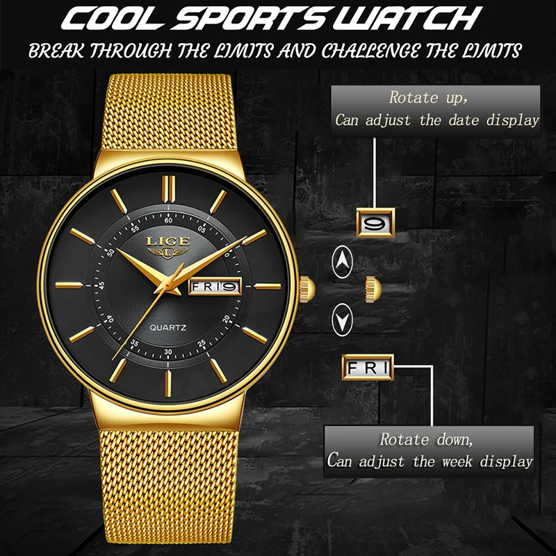 Relogio Masculino 2023 LIGE New Mens Watches Top Brand Luxury Ultra Thin Quartz Watch Men Steel Mesh Strap Waterproof Gold Watch