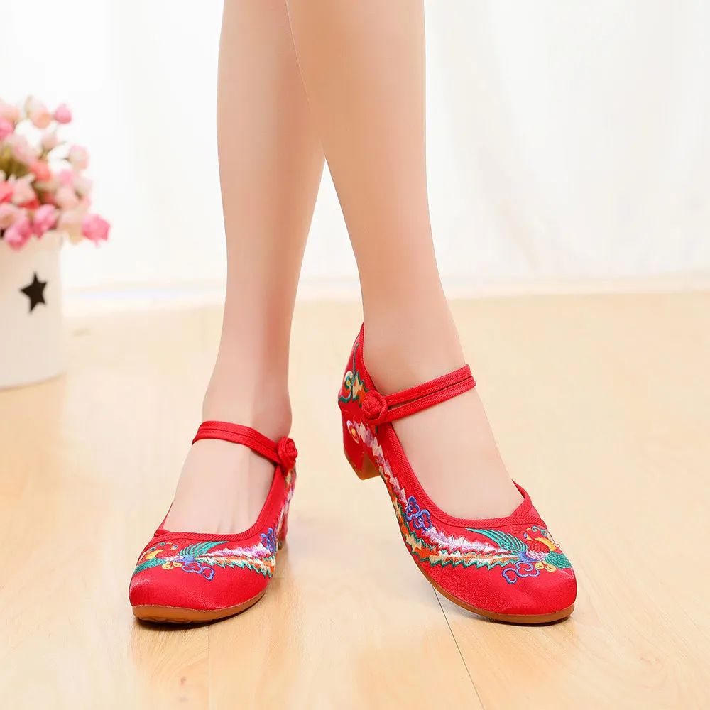 Veowalk Phoenix Embroidered Women Canvas Block Heel Shoes Instep Strap Elegant Ladies Retro Chinese Cheongsam Matched Pumps