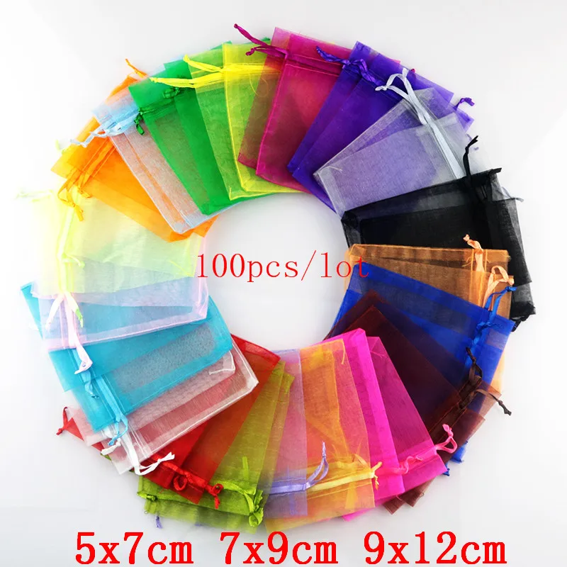 

100Pcs/Lot 7x9 9x12cm Small Organza Bags Wedding Party Favor Candy Gift Bag Nice Drawstring Pouch Sachet Jewelry Packaging Bags