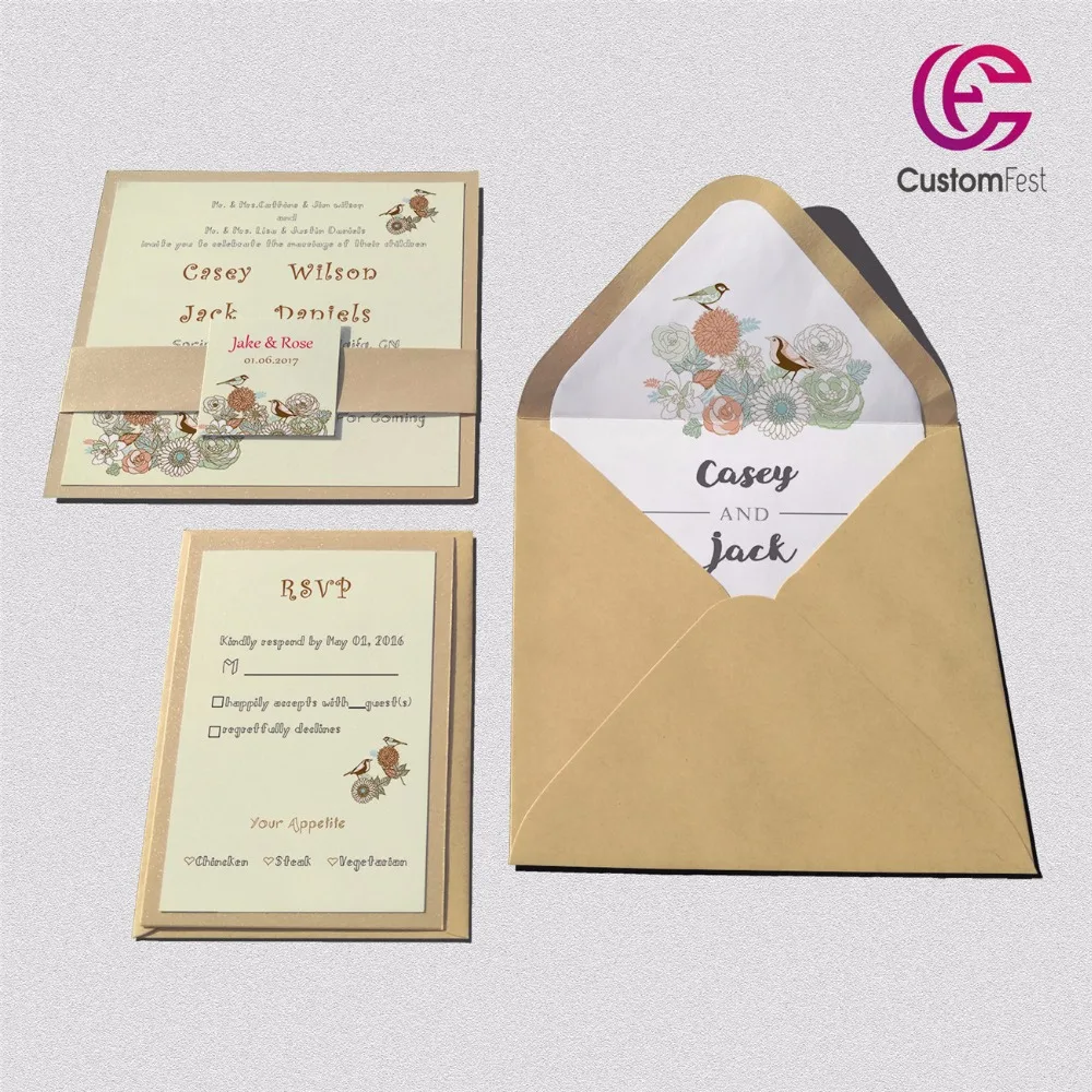 

30pcs/lot color Loving bird with personalized liner envelop pink and gold invitation and RSVP set L202S035