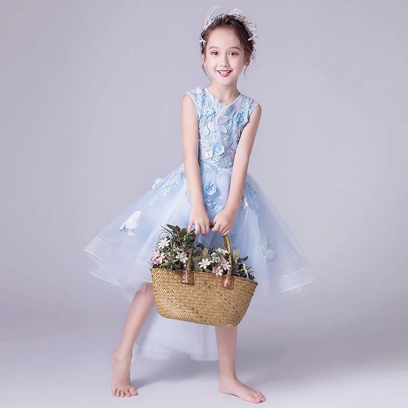 New Blue Tulle Flower Girl Dresses For Wedding Beaded Party Baby Baptism Birthday Dresses Floral Kids First Communion Gown