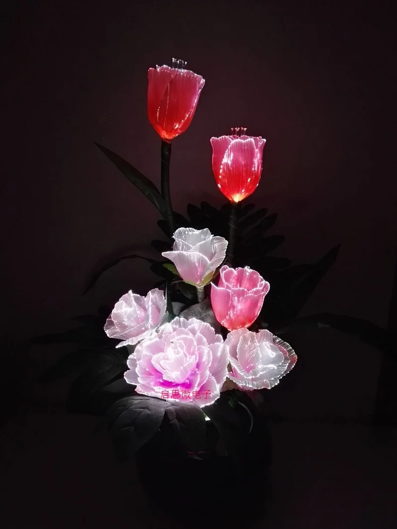 Led fiber optic lights Artificial Flowers Silk flower European Fall Vivid Peony Rose Tulips Fake Leaf Creative Led lamp