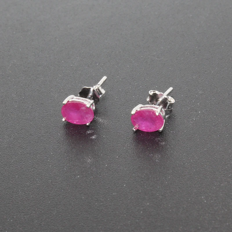 100% natural ruby silver earrings 4 mm * 6 mm ruby stud earring simple 925 silver ruby earrings classic ruby jewelry for wedding