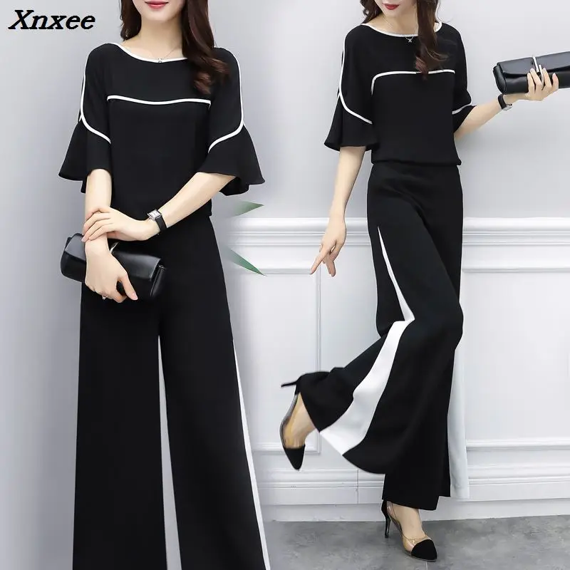 

Chiffon Wide Legged Two Piece Set Top And Pants Casual Petal Sleeve Women's Suit Striped Tracksuit Women Conjunto Feminino Xnxee