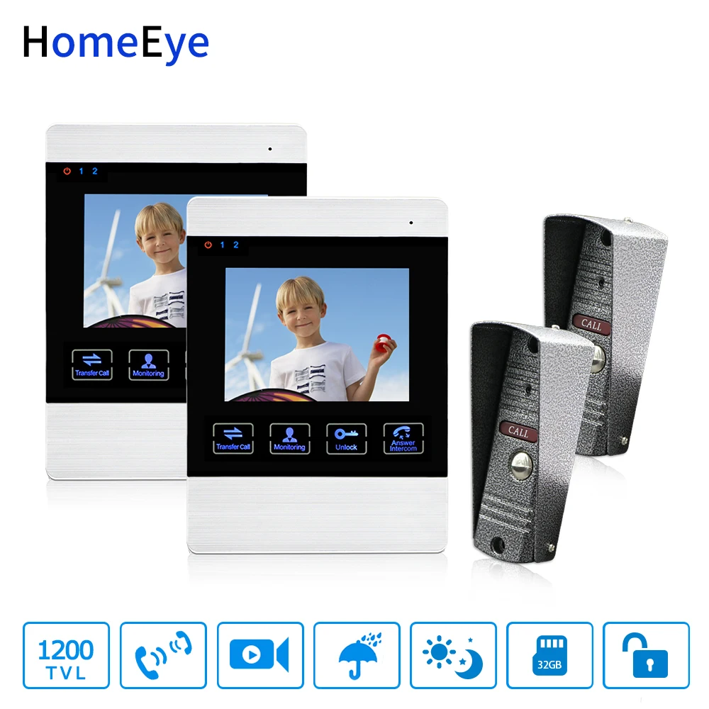 HomeEye 4-Wired 2-2 Access System Video Door Phone Video Intercom Touch Button Doorbell Camera 4'' Monitor Video Record OSD Menu