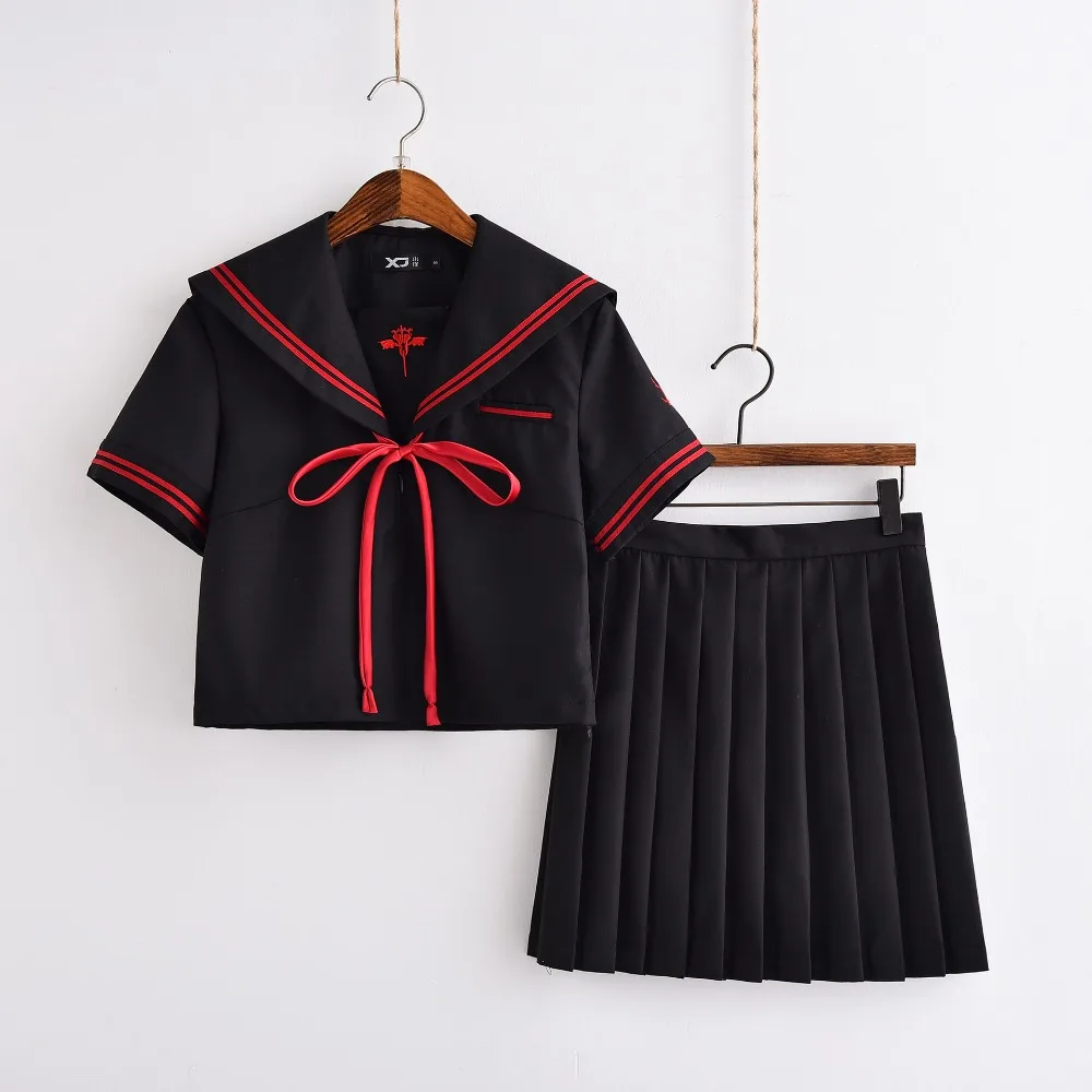 Black Japanese School Uniform Short Sleeved Dark Devil Embroidery Logo Jk Uniform Set Cosplay Student Collage Sailor Suit Female