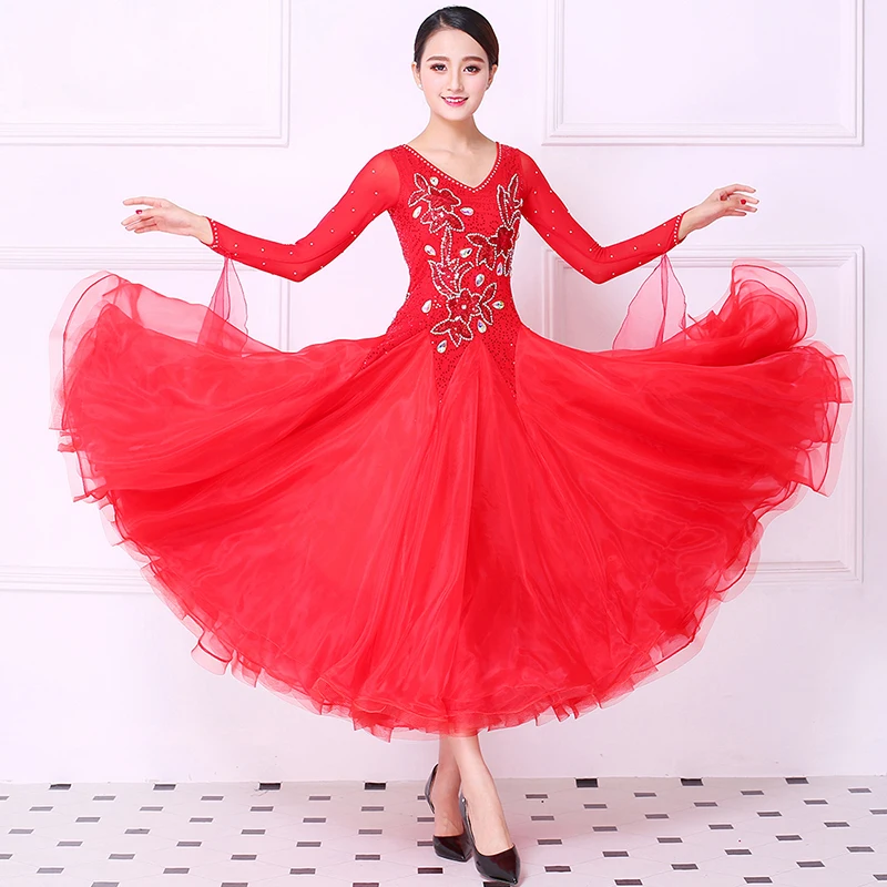 Red Ballroom Competition Dance Dresses New Arrival Long Sleeve Stage Dance Costume Women's Standard Ballroom Dancing Dress