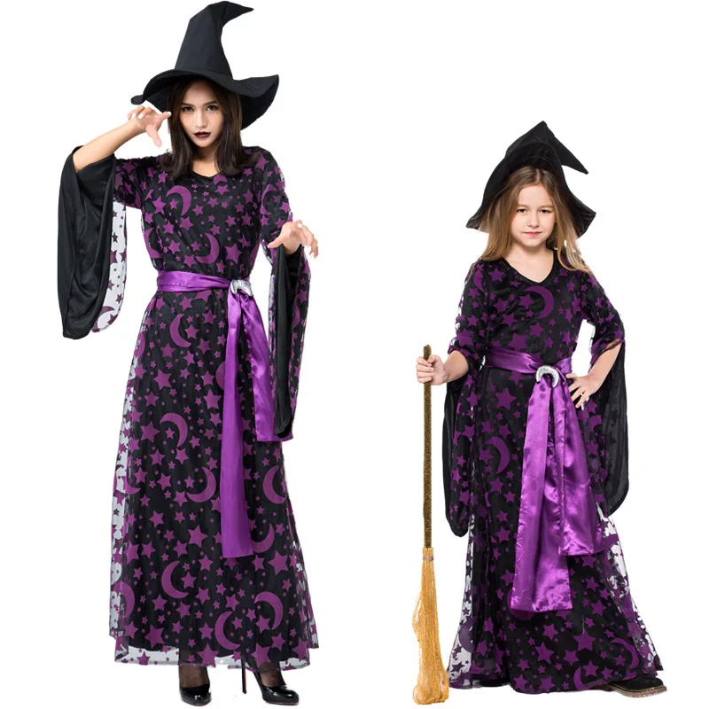 Star Moon Sexy Witch Costume Deluxe Adult Womens Magic Moment Costume Mother Kid Baby Girls Witch Halloween Fancy Dress + Hat