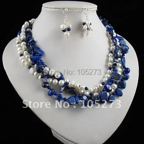 

Charming!pearl jewelry set AA 4-17mm blue lapis&white Genuine freshwater pearl necklace earring Hot sale free shipping A2455