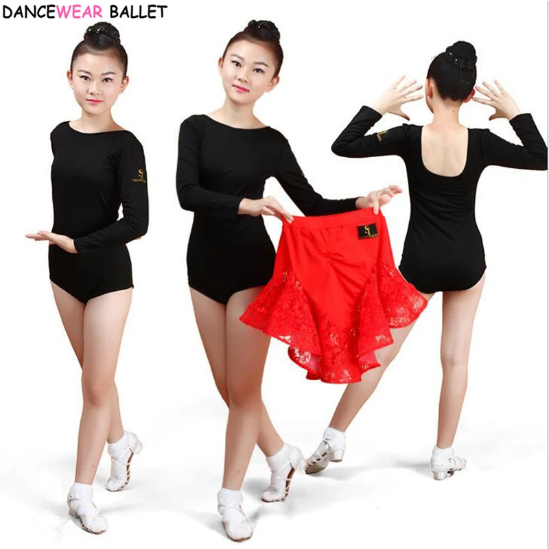 Girls Latin Ballroom Latin Dance Skirt Sumba Rumba Salsa Tango Skirts Kid Child Lace Latin Dance Split Dress With Leotard Skirt