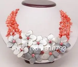 free shipping *******4row pink coral flower shell necklace