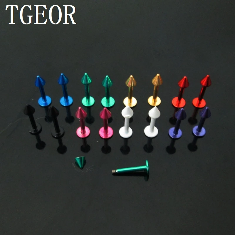 free shipping body jewelry 16G 1 Pair surgical Stainless Steel spike cone lip piercing plated Electrophoresis colors labret ring