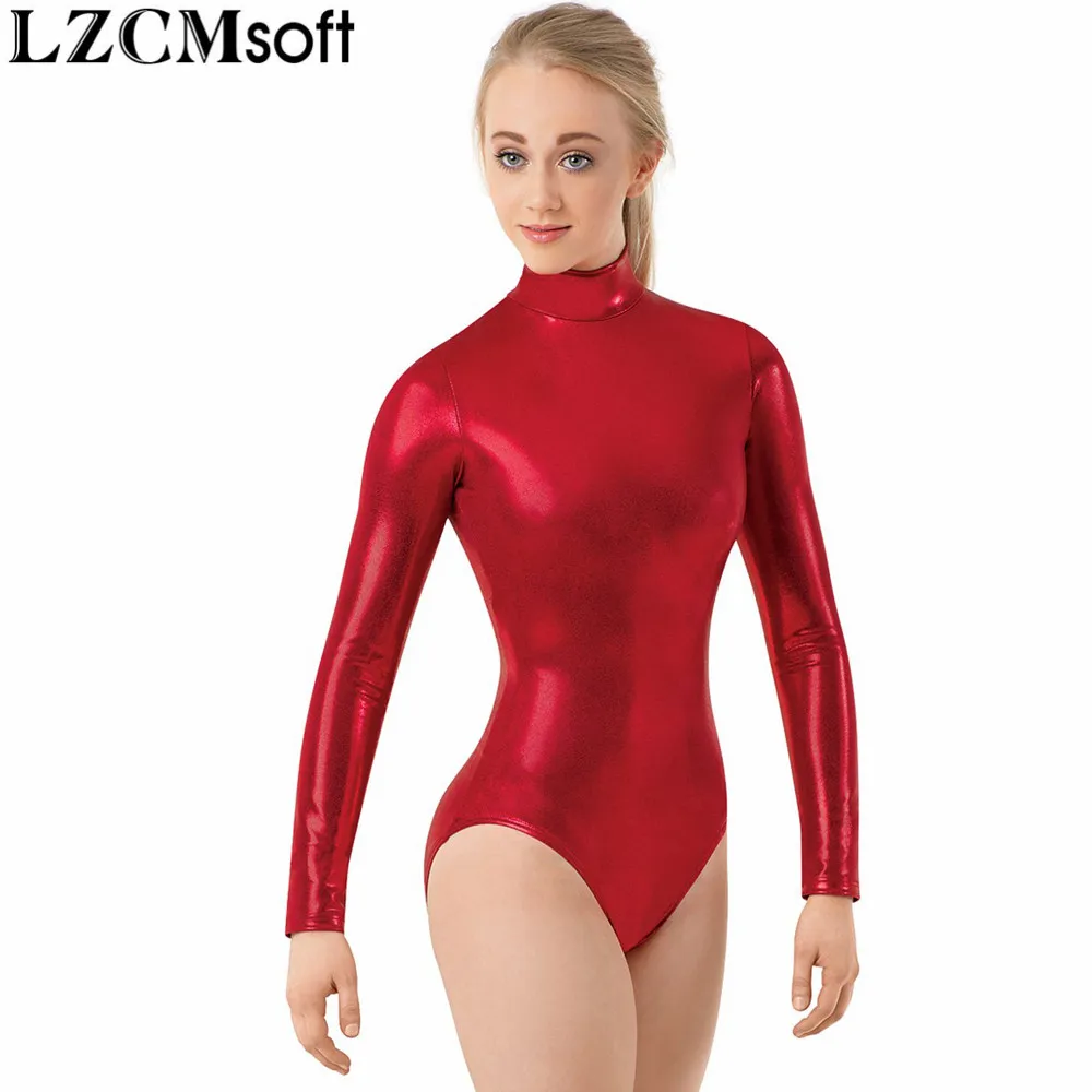 LZCMsoft Adult Shiny Metallic Mock Neck Leotard Women Black Long Sleeve Gymnastics Performance Ballet Dance Leotards Teams Wear