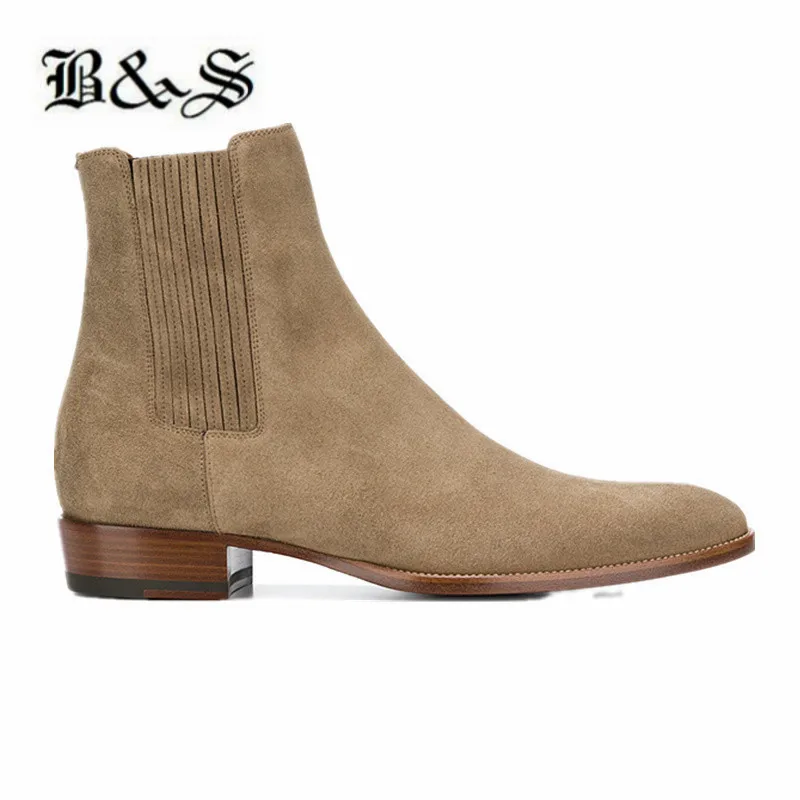 

Black& Street Handmade customized Slip On ankle Chelsea Men Suede Boots classical England pointed toe denim botas