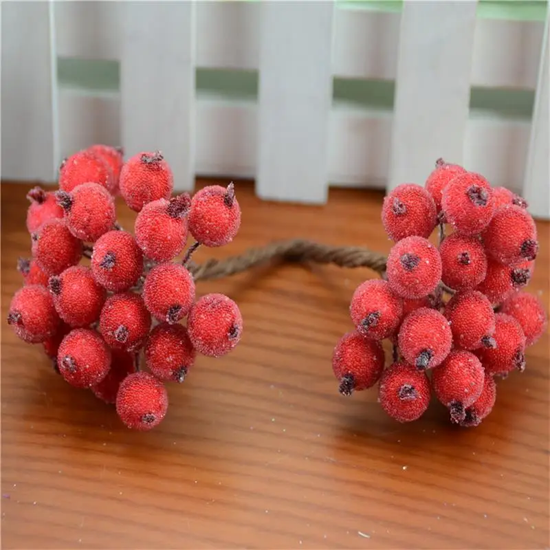 40pcs/80heads Mini Artificial Fruit Fake Double Heads Glass Berries Red Cherry Bouquet Stamen For Wedding Christmas Decorative