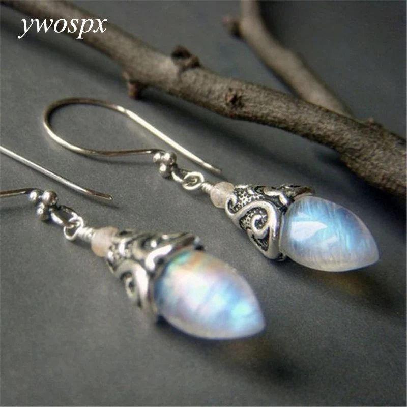 

YWOSPX Vintage Imitation Moonstone Silver Color Dangle Earrings for Women Jewelry Bohemian Brincos Engagement Drop Earring Y40