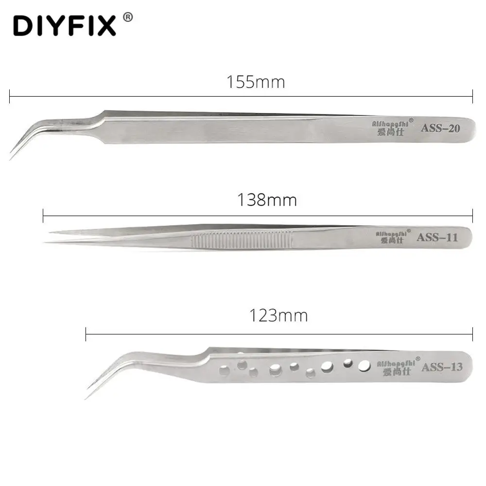 DIYFIX Precision Tweezers Electronics Industrial Anti-static Straight Curved Tips Forceps Phone Repair Hand Tools for Component