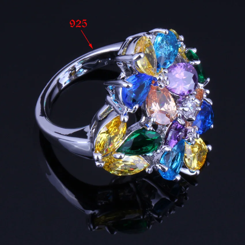 Remarkable Huge Multi-Gem Multi-Color Yellow Cubic Zirconia Silver Plated Ring V0163