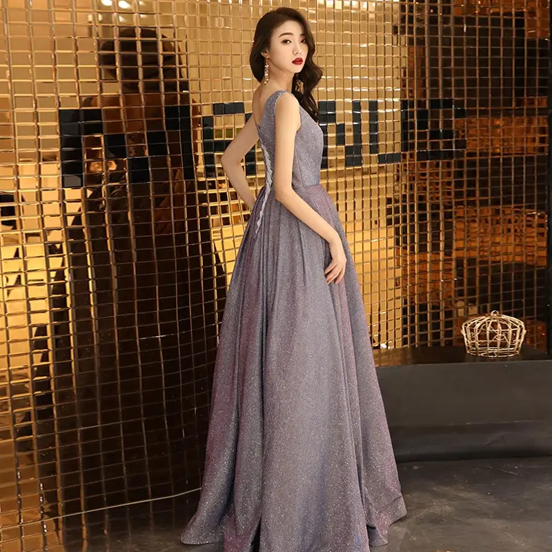 FADISTEE New arrival modern party dress evening dresses prom lace A-line sexy Transparent V-neck bling satin lace-up 2019