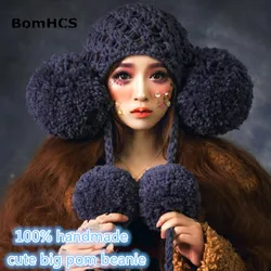 BomHCS Cute Girl Winter Warm Knitted Beanie 100% Handmade Hat with Big Poms Caps