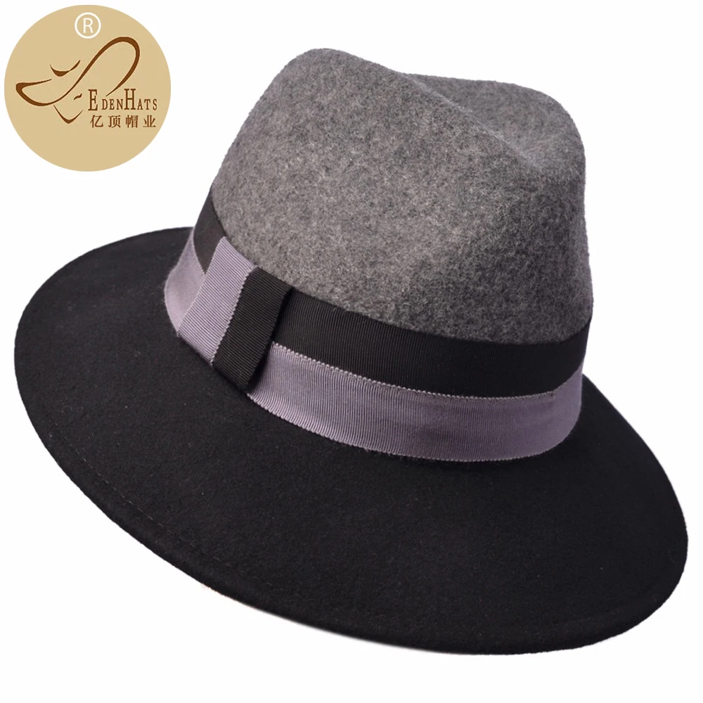 

2-Tone Wool Felt Fedora & Matching 2-tone Ribbon Trim Winter Headwear Top Hat W10-2453