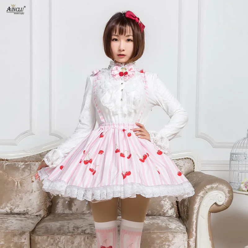 Sweet Princess Pink Polyester Lace Sky Cherry Handle Knot Printed Lolita Pleated Lace Half Skirt Strap Skirts