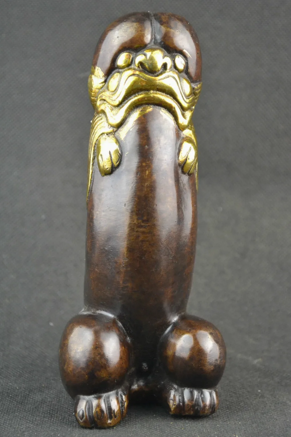 Elaborate Chinese Old Handwork Copper Gold Plating Dragon Head Male Genitals Statue