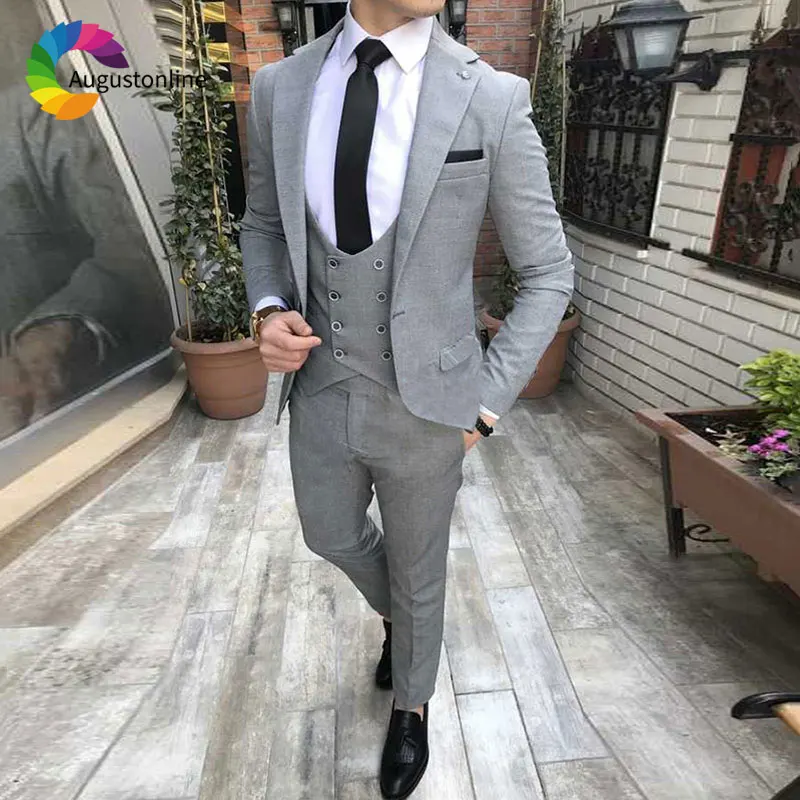 

Custom Made Grey Mens Suits Groom Tuxedos High Quality Groomsmen Wedding Party Dinner Best Man Suits 2Pieces Jacket Pants Terno