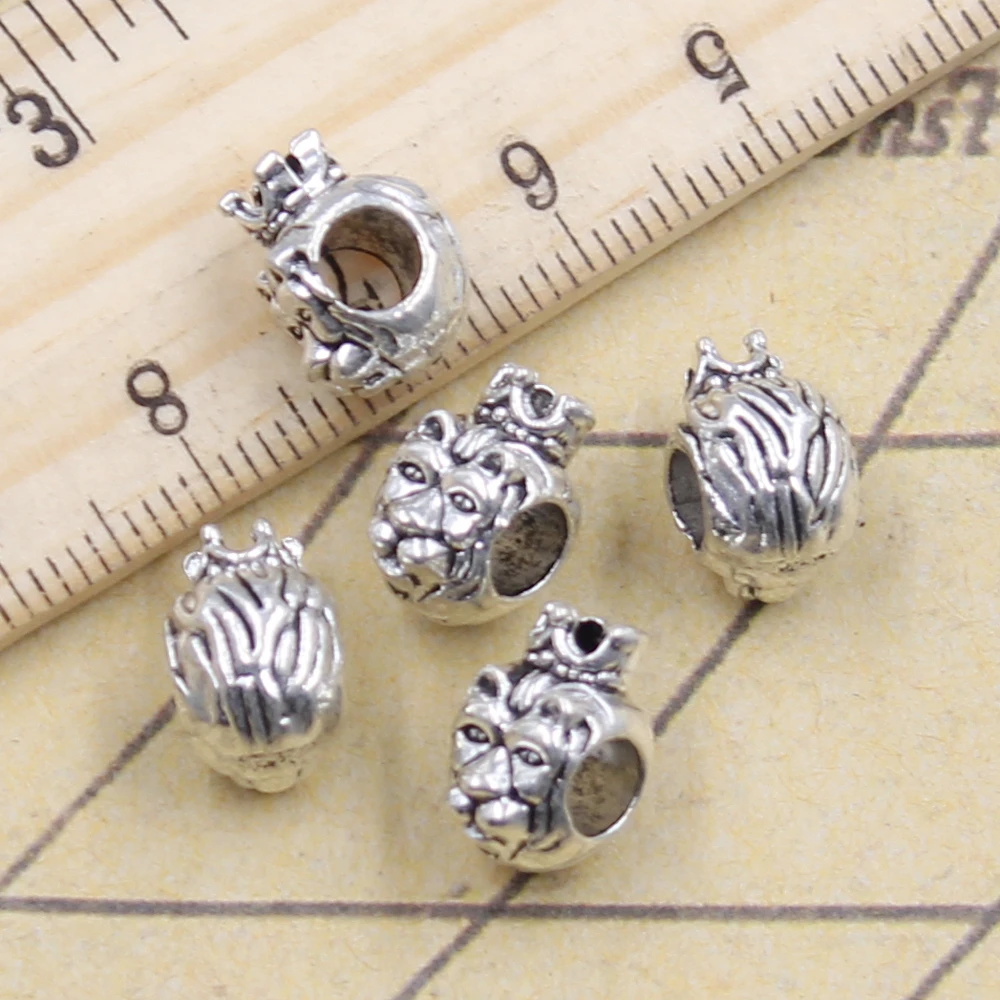 10pcs Beads King Lion With Crown 4mm Big Hole Charms European Pendant Fit For Bracelet DIY Antique Silver Color Fit Making