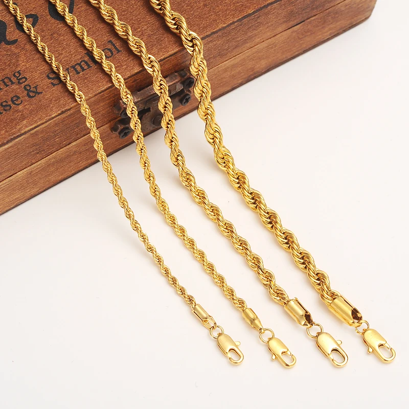 24k Gold color  Filled Necklace Chain for Men and Women Necklace Bracelet  Gold rope Chain Necklace High Quality