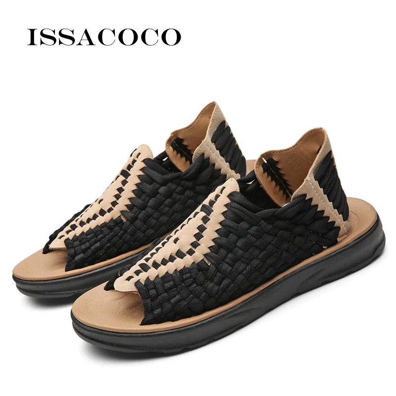 ISSACOCO Men\'s Summer Slippers Men Artificial Weaving Flat Shoes Outdoor Casual Shoes High Quality Non-slip Sandals Adult Beach