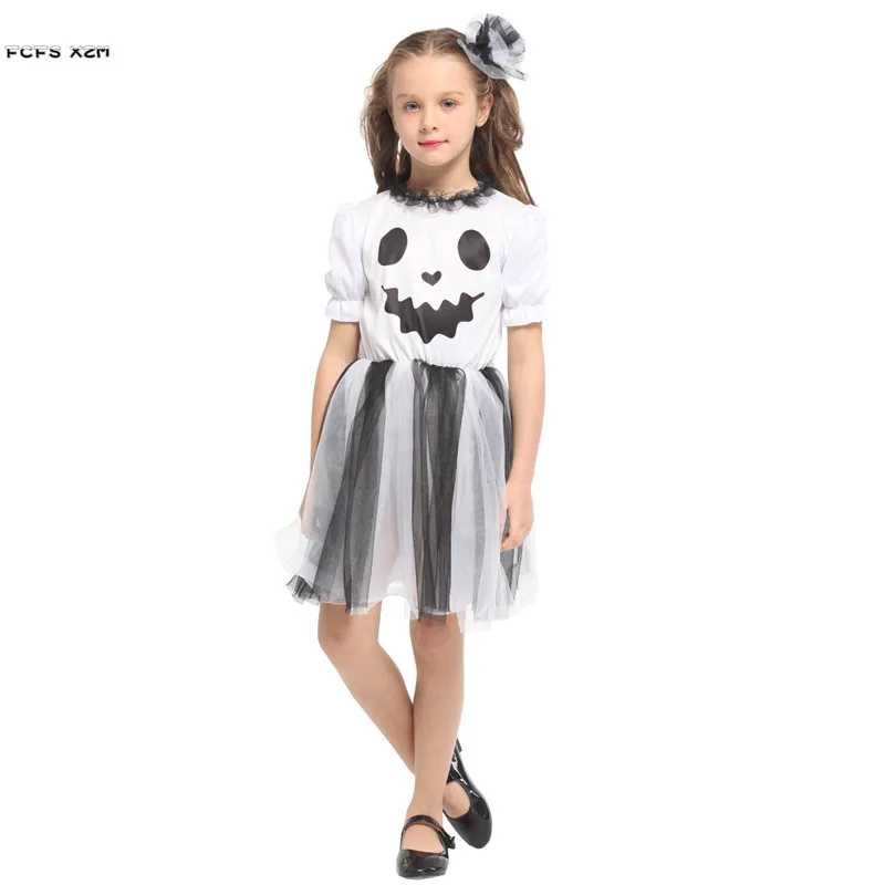 Girls White Ghost Cosplay Kid Children Halloween Hell Devil Fiend Scary Costume Carnival Purim Stage Play Masquerade Party Dress