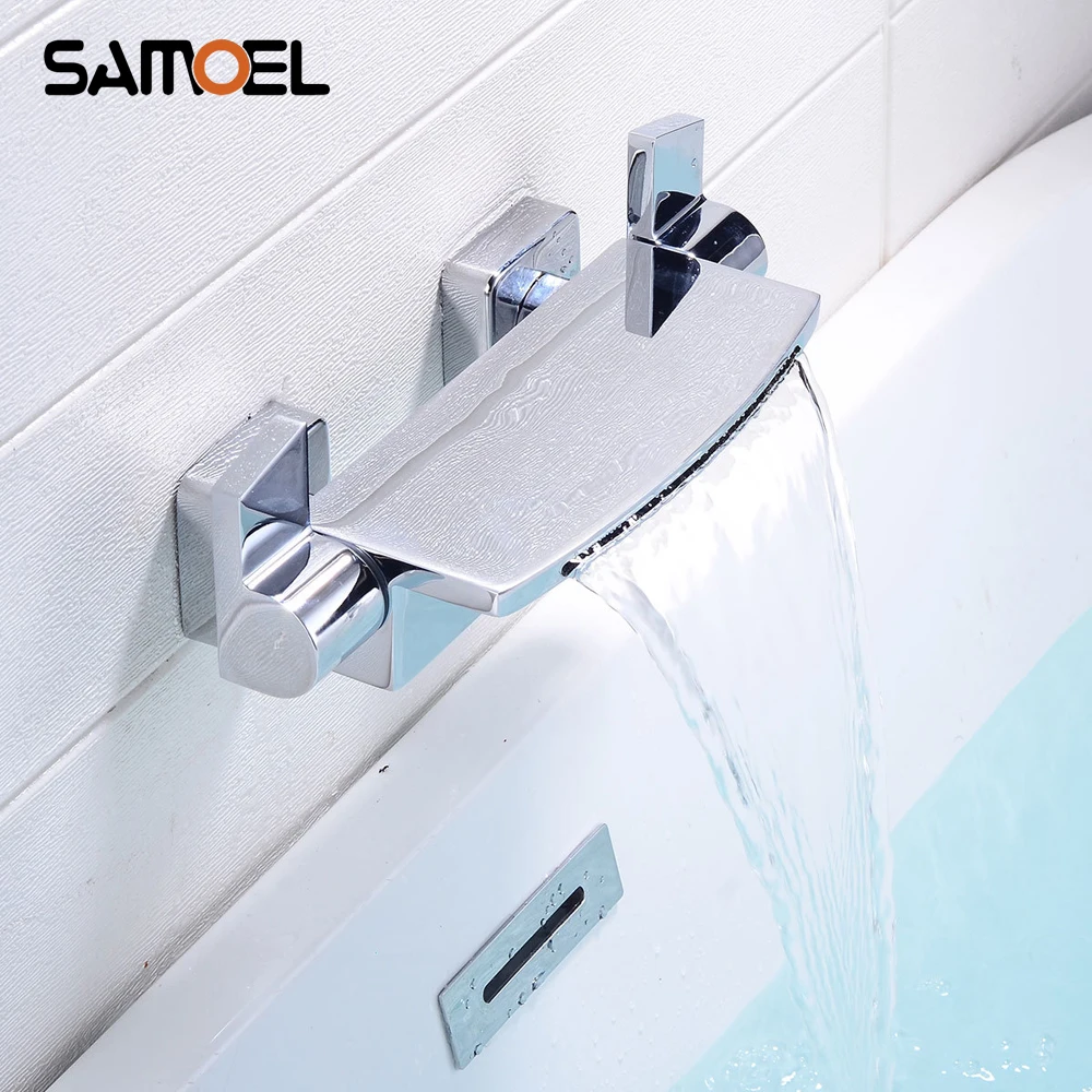 

Creative Brass Silver Color Bathtub Waterfall Faucets Mixers Dual Handle Chrome Wall Mount Bath Tub Water Taps BF1023