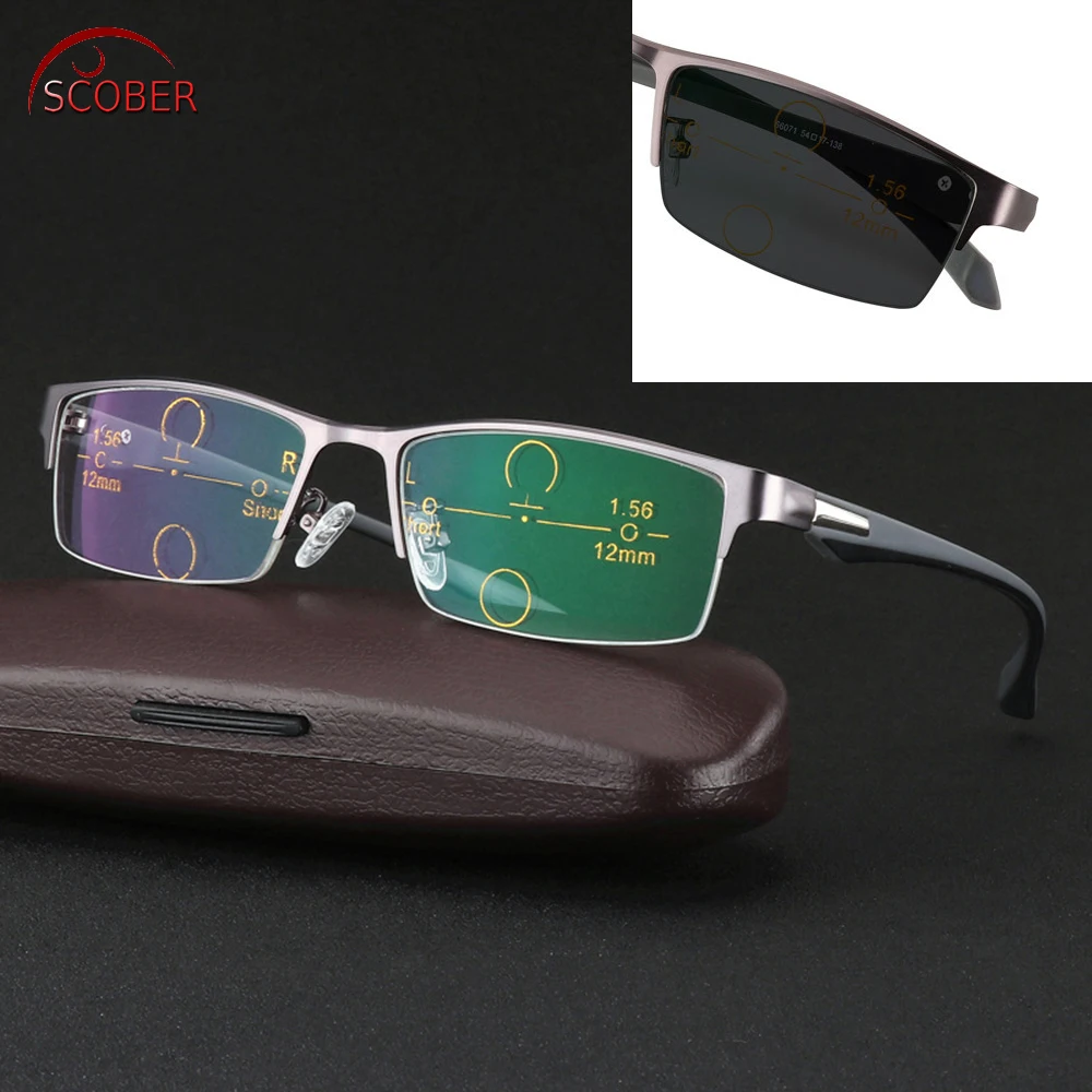 

SCOBER = Ultralight al-mg alloy frame TR90 legs photochromic progressive multifocal reading glasses Bifocal +1 +1.5 TO +3.25