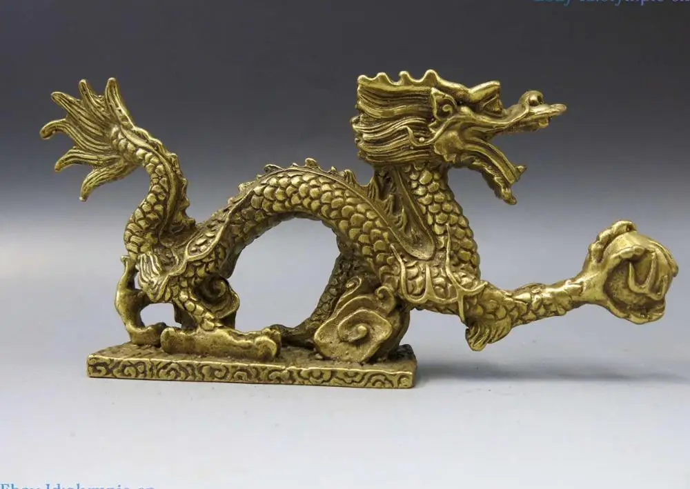 

6" China brass sculpture carved fine copper Feng Shui dragon play bead Statue