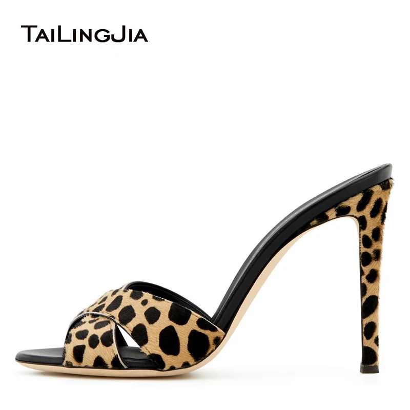 

Sexy Leopard High Heel Mules Open Toe Heeled Slipper Slides Sandals Women Heels Ladies Summer Party Club Shoes 2019 Plus Size