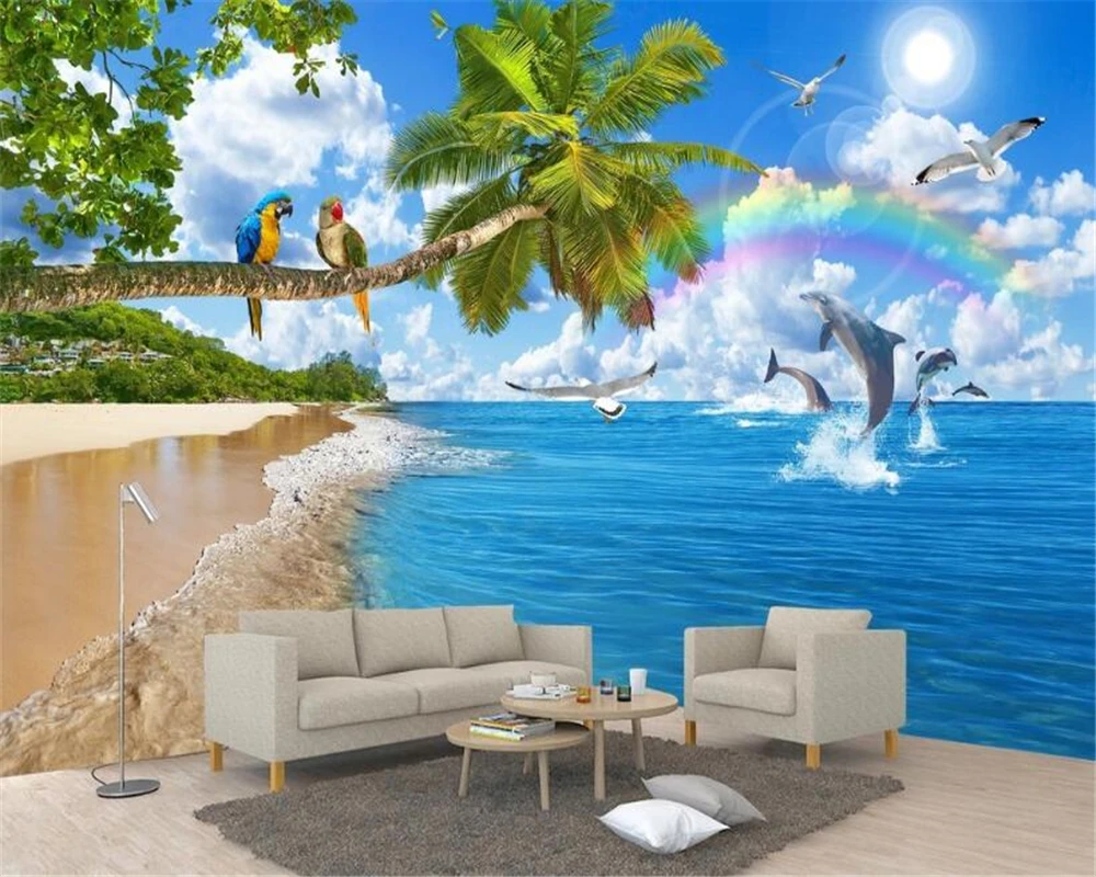 

beibehang Premium Wall paper Beautiful Seascape Coconut Tree Original Landscape Romantic living room tv background 3d wallpaper