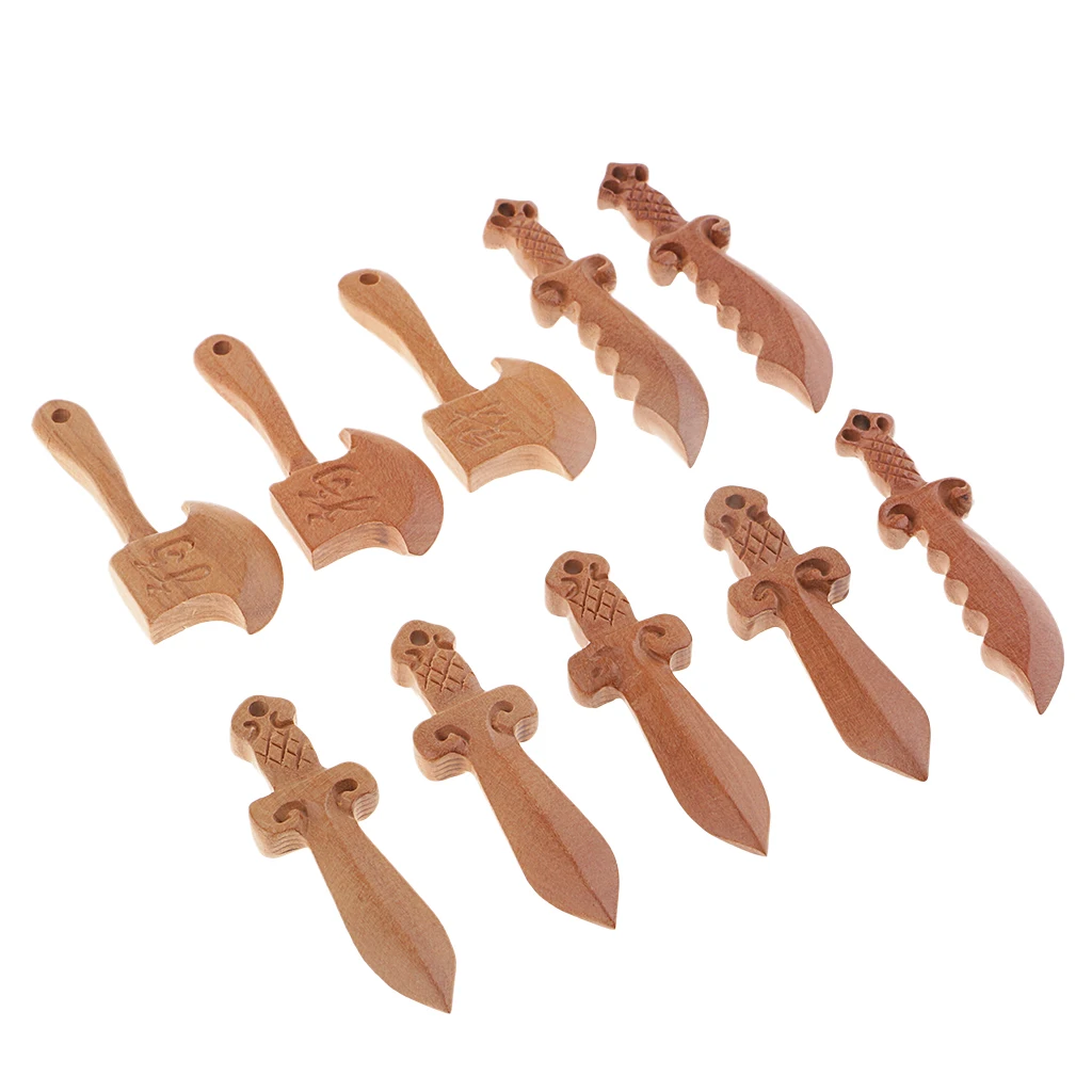 10 Pieces Peach Wooden Carved Crafts Sword Knife Axe Bead Pendants Jewelry Findings DIY Accessory