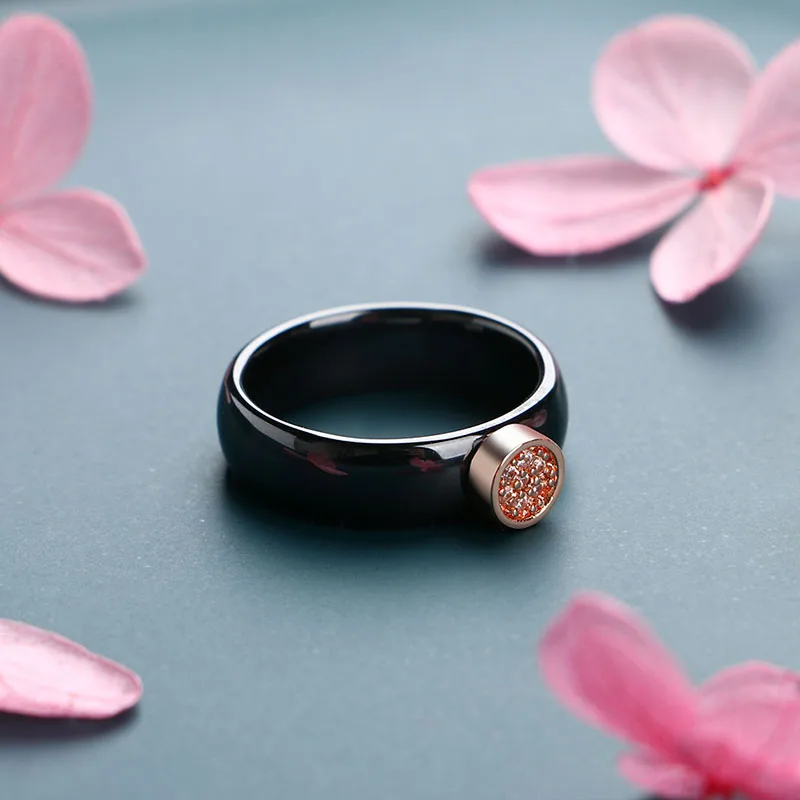 6MM Smooth Ceramic Rings for Female Rose Gold Metal Bling Crystal Black White Ceramic Rings Engagement Gift bague femme Free