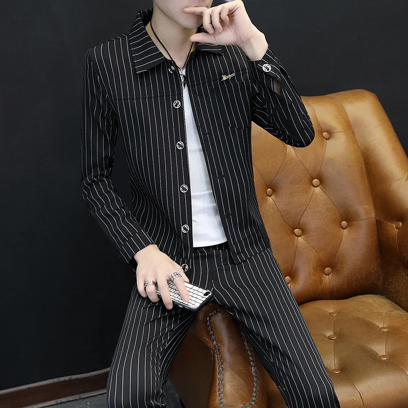 

Summer New Business Casual Suits Coat Men Three-quarter Sleeves Korean Striped Fashion Jacket Male Trend Slim Blazer 2 Pcs Suit