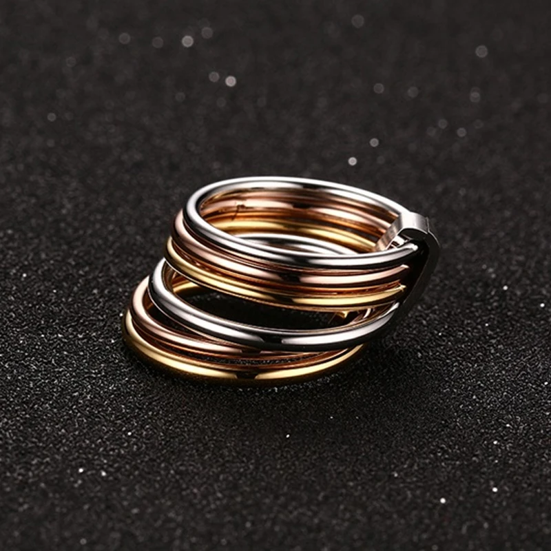 Women\'s Unique Rings Stainless Steel 6 Circle Interlocked Stacked 10MM Wide Statement Party Bijoux Accessories