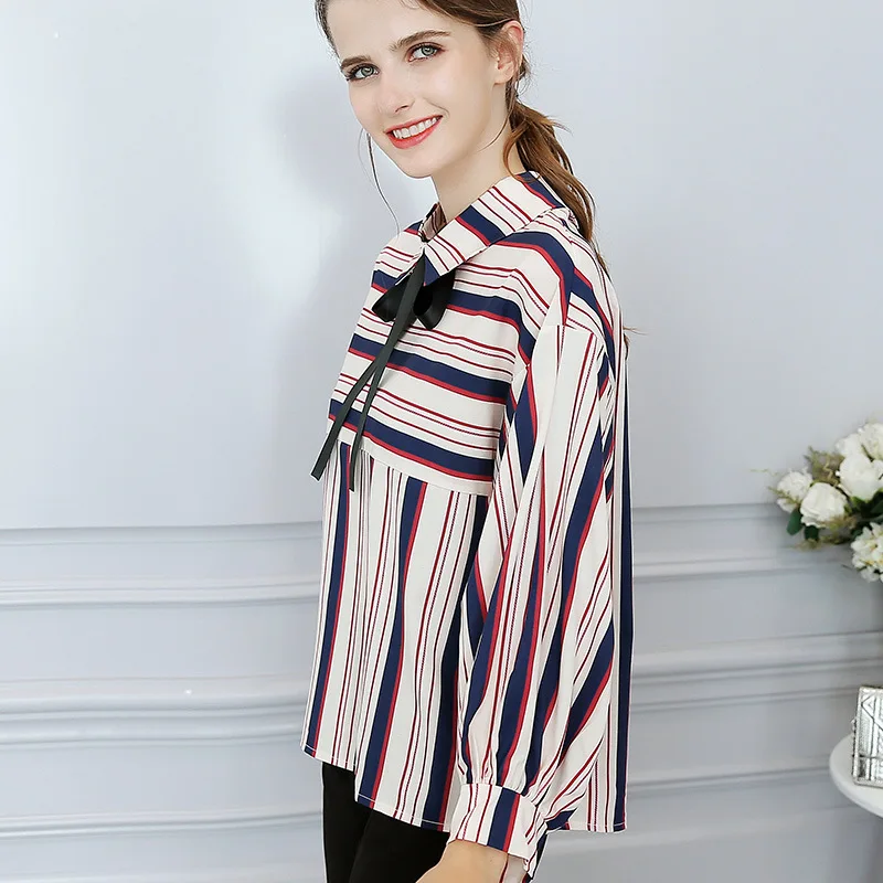 Spring Summer Stripe Chiffon Shirt Women Long Sleeve Turn Down Collar Loose Casual Blouse Female Bowknot Fashion Girl Top H9079