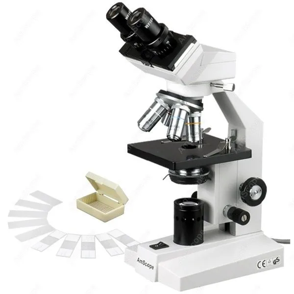 Binocular Biological Microscope-AmScope Supplies 40x-1000x Binocular Biological Microscope + Slides