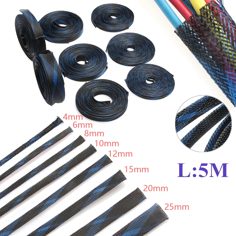 5M Insulation Braided Sleeving Tight PET Expandable Cable Sleeve 2/4/6/8/10/12/15/20/25mm Wire Gland Cables Protection