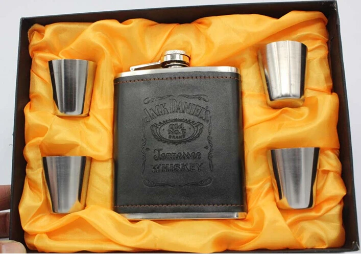 1SET 304 stainless steel flagon portable 7oz small wine pot set containing 1pc hip flasks+4pcs cup with gift box JZ 1120