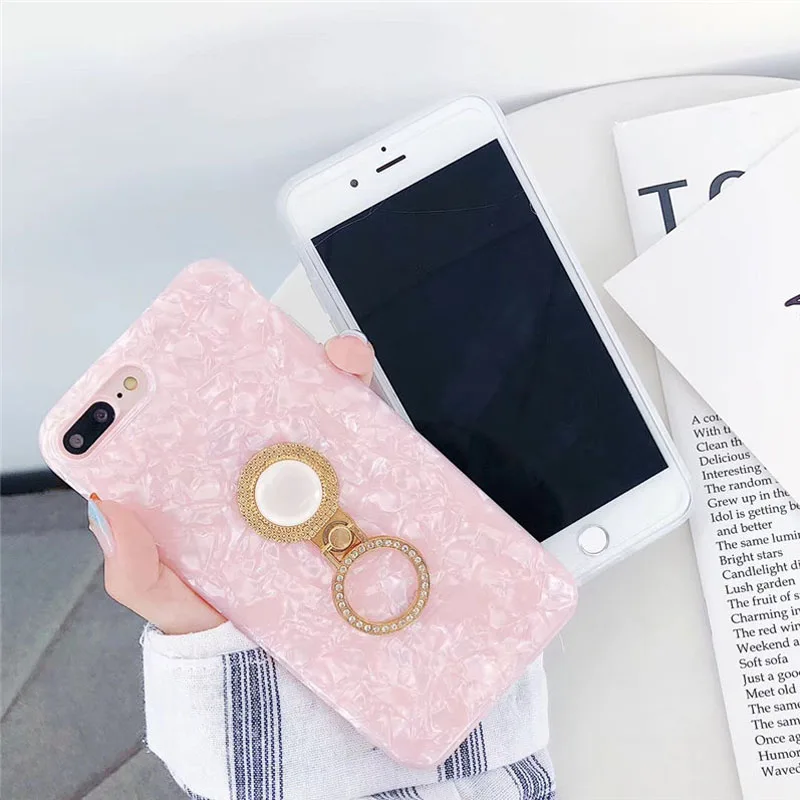 Luxury Glitter Ring Pearl Holder Phone Case For iPhone 14 13 12 11 Pro Max X Xs Xr 7 8 Plus SE2022 Silicone Conch Bling Cover