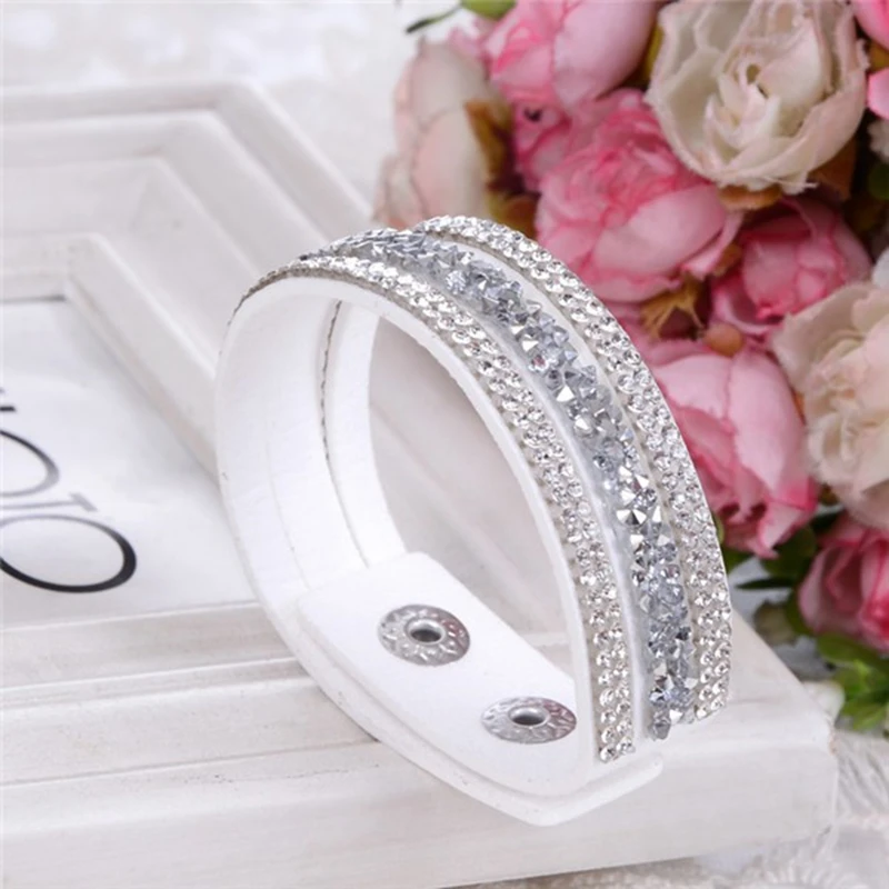 2017 New Fashion Leather Wrap Wristband Cuff Punk Crystal Rhinestone Bracelet Bangle free shipping Wholesale